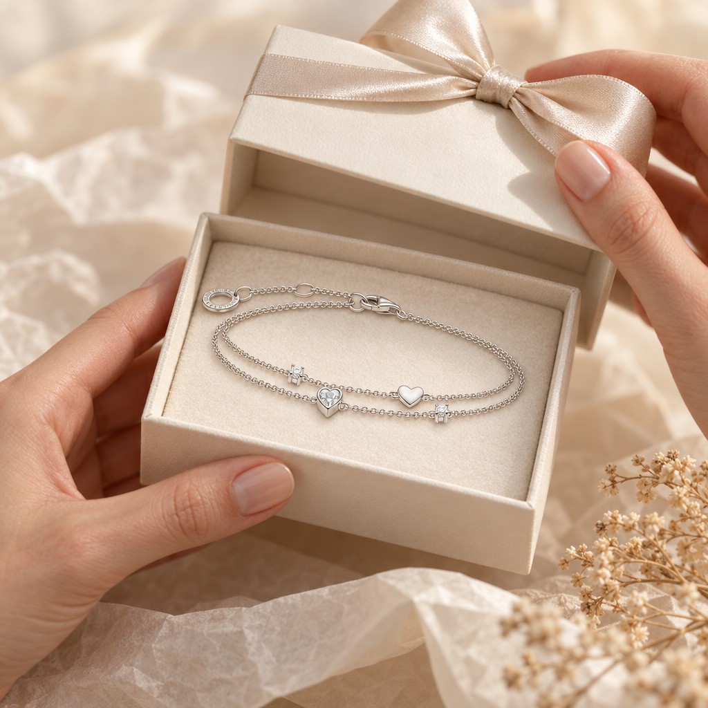 Hände öffnen eine Geschenkbox mit Silberarmband (AI Generated)
