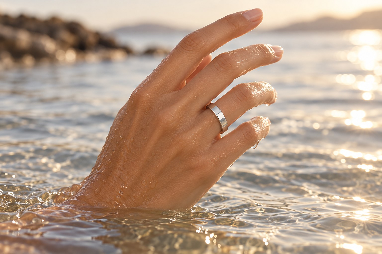 Polierter Edelstahlring an einer Hand mit Wassertropfen (AI Generated)