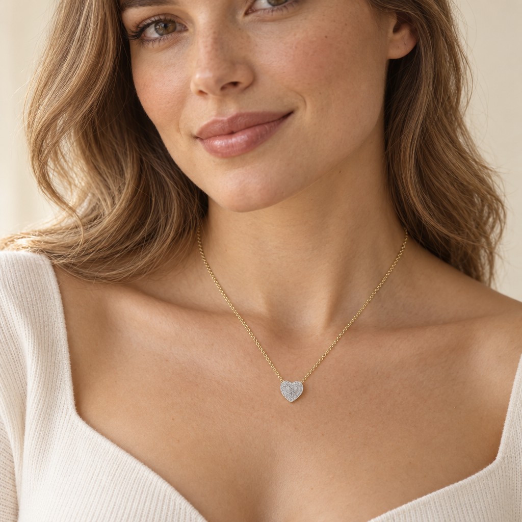 Anhänger mit Kette aus Gold, getragen von einem Model (AI Generated)